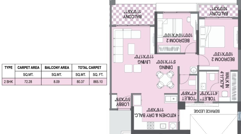 Yashada-EarthSong-FLoor-Plan-2 BHK-865 Sqft